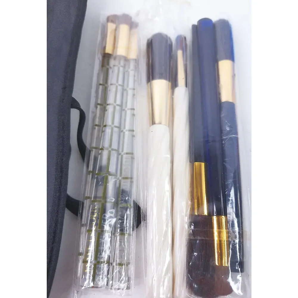 Vintage Estee Lauder Make Up Brush Lot With Pouch 3 Sets Navy White Gold Plaid